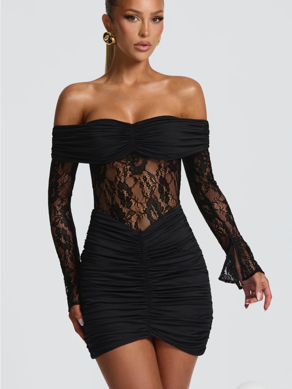 Babyboo Sauline Mini Off-Shoulder Black Lace Ruched Bodycon Dress